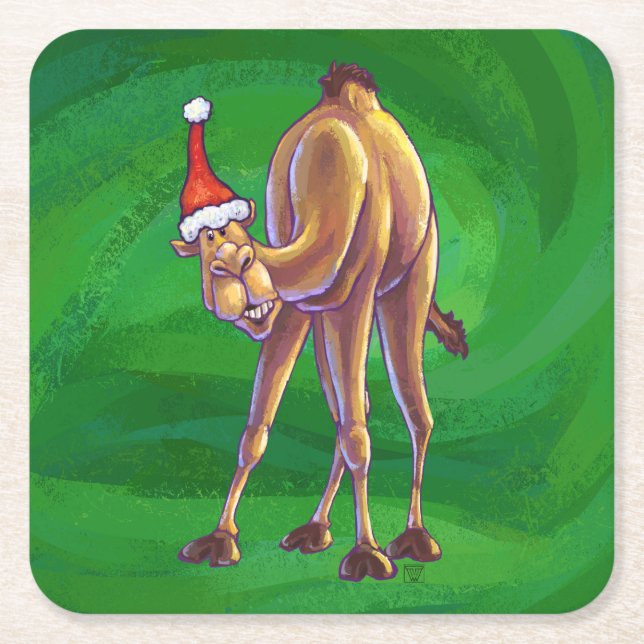 Dessous-de-verre Carré En Papier Noël de chameau sur le vert (Devant)