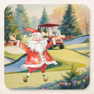 Dessous-de-verre Carré En Papier Noël de golf sur le thème du Golf du Père Noël