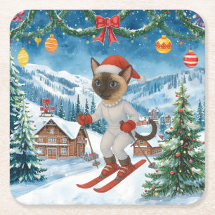 Dessous-de-verre Carré En Papier Noël de ski pour Père Noël Amoureux de les chats s