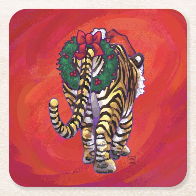 Dessous-de-verre Carré En Papier Noël du tigre en rouge (Devant)