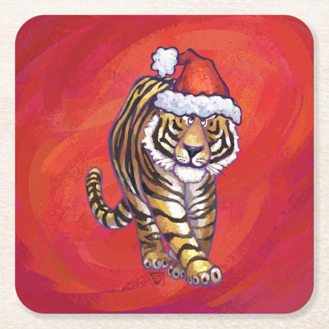Dessous-de-verre Carré En Papier Noël du tigre en rouge (Devant)
