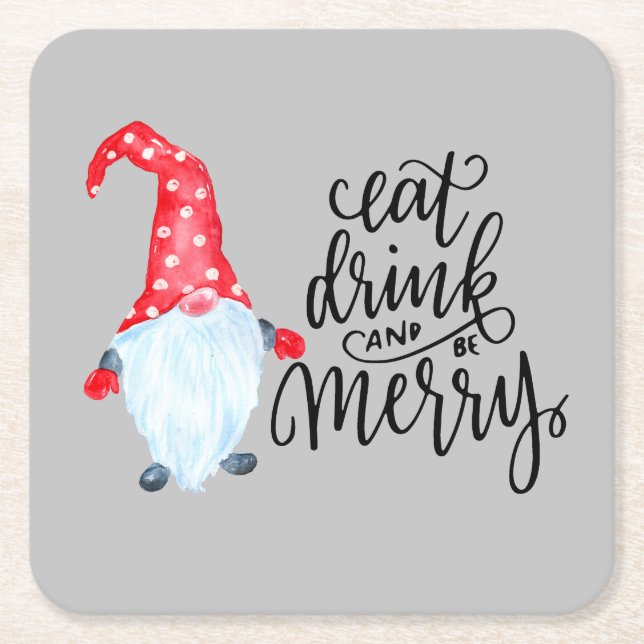 Dessous-de-verre Carré En Papier Noël Gnome Manger Boire Soyez Joyeux (Devant)