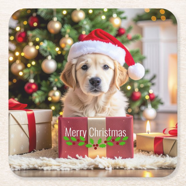 Dessous-de-verre Carré En Papier Noël Golden Retriever (Devant)