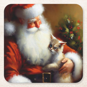 Dessous-de-verre Carré En Papier Noël Père Noël et un chat 3