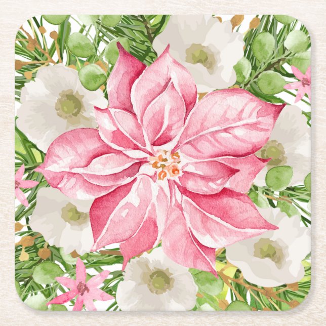 Dessous-de-verre Carré En Papier Noël Poinsettia Fête Florale (Devant)