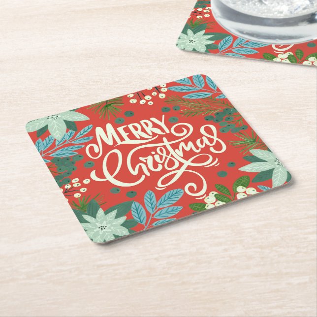 Dessous-de-verre Carré En Papier Noël rouge floral (Incliné)