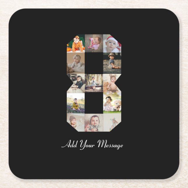 Dessous-de-verre Carré En Papier Noir et blanc Numéro 8 Photo Collage (Devant)