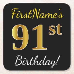Dessous-de-verre Carré En Papier Noir, Faux Gold 91ème Anniversaire + Nom personnal