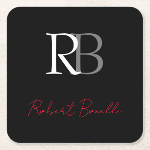 Dessous-de-verre Carré En Papier Noir moderne Noir Monogramme Initiales Nom