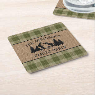 Dessous-de-verre Carré En Papier Nom de famille Cabine Arbres Sage Green Plaid Burl