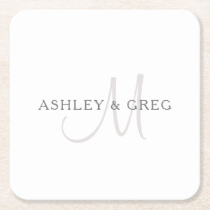 Dessous-de-verre Carré En Papier Nom de famille élégant Monogramme Blanc & Gris