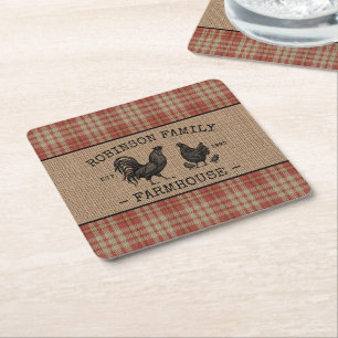 Dessous-de-verre Carré En Papier Nom de famille Farmhouse Vintage Red Plaid Burlap