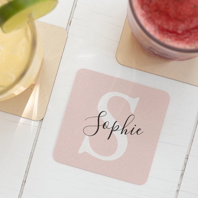 Dessous-de-verre Carré En Papier Nom personnalisé moderne Monogram Pastel Rose (Créateur téléchargé)