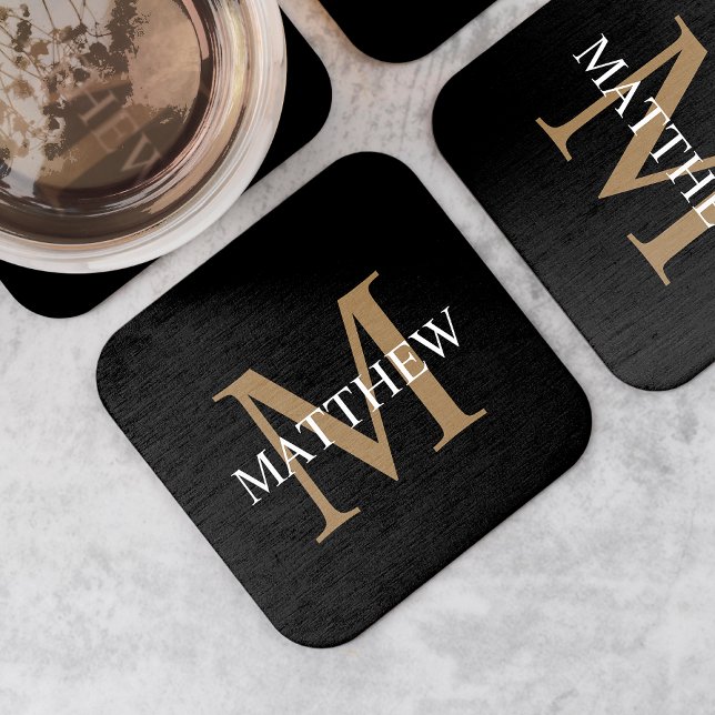 Dessous-de-verre Carré En Papier Nom personnalisé Monogramme noir (Créateur téléchargé)