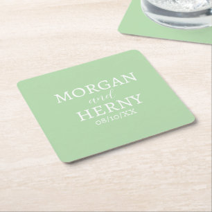 DESSOUS-DE-VERRE CARRÉ EN PAPIER NOM PERSONNALISÉ STYLE MODERNE PÂLE VERT MARIAGE 
