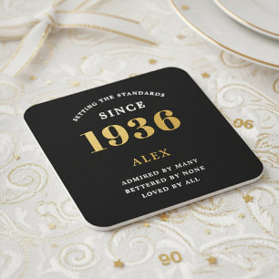 Dessous-de-verre Carré En Papier Nom pour 90e anniversaire Année 1936 Noir Or Perso