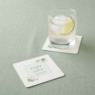 Dessous-de-verre Carré En Papier Noms de mariage de verdure rose tendre