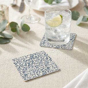 Dessous-de-verre Carré En Papier Noms de mariage floraux vintage bleu marine élégan