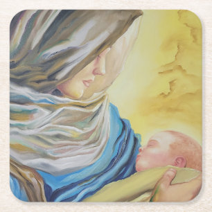 Dessous-de-verre Carré En Papier Notre Dame du Silence tenant le bébé Jésus