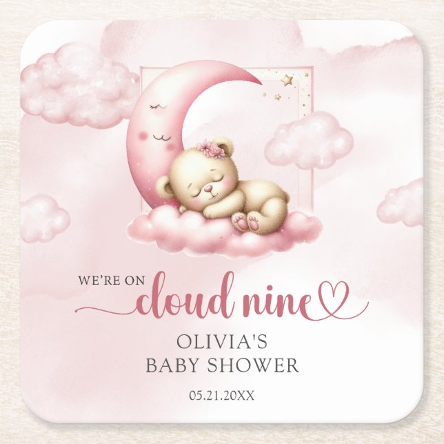 Dessous-de-verre Carré En Papier Nuage rose neuf ours en peluche baby shower fille (Devant)