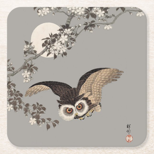 Dessous-de-verre Carré En Papier Nuit Japonaise Chouette Lune Bois Coupe Flying Nig (Devant)