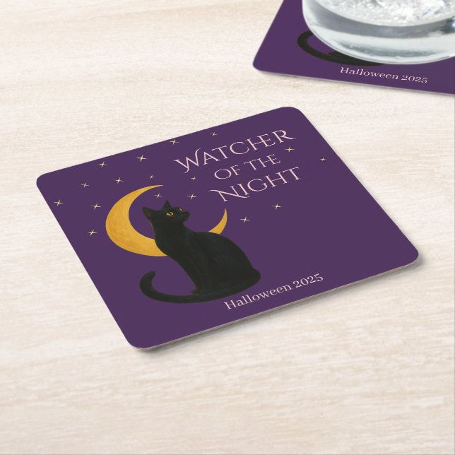 Dessous-de-verre Carré En Papier Observateur de la nuit - Chat noir d'Halloween (Incliné)