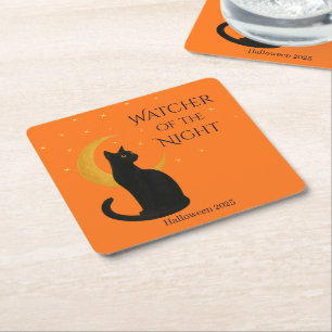 Dessous-de-verre Carré En Papier Observateur de la nuit - Chat noir d'Halloween