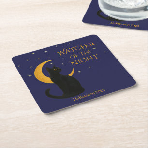 Dessous-de-verre Carré En Papier Observateur de la nuit - Chat noir d'Halloween