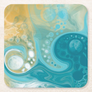 Dessous-de-verre Carré En Papier Ocean Blue Waves et Sandy Brown Fluid Art
