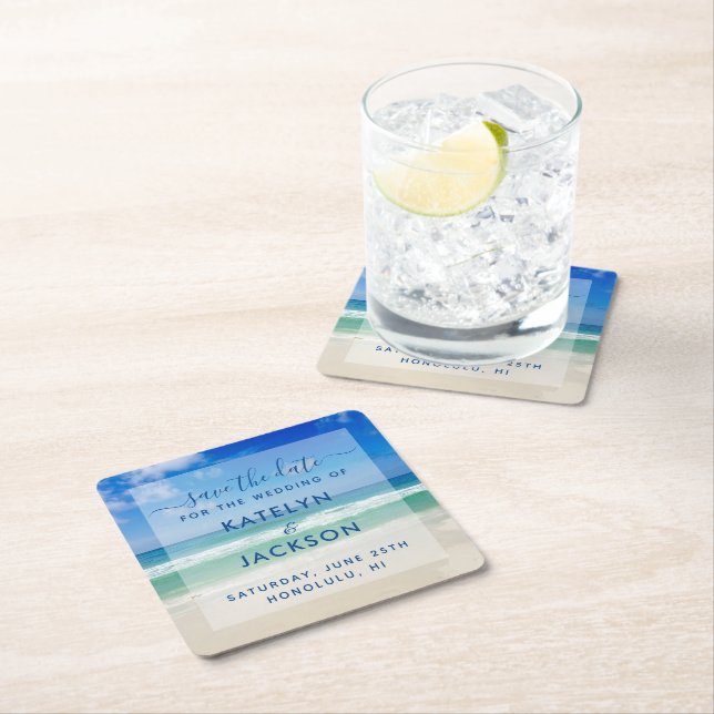 Dessous-de-verre Carré En Papier Ocean Waves Photo Chic Beach Enregistrer la date M (En situation)
