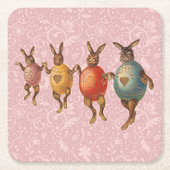 Dessous-de-verre Carré En Papier Oeufs dansants lapins de Pâques (Devant)