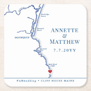 Dessous-de-verre Carré En Papier Ogunquit Maine Map Mariage Cocktail Heure