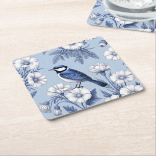 Dessous-de-verre Carré En Papier Oiseau bleu élégant et motif floral blanc