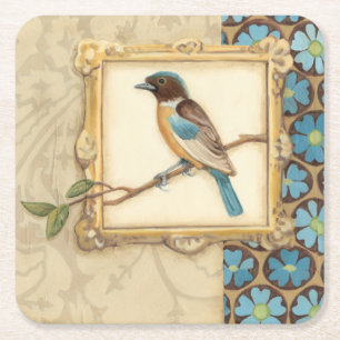 Dessous-de-verre Carré En Papier Oiseau Brown et bleu sur une branche recherchant