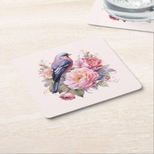 Dessous-de-verre Carré En Papier Oiseau chanteur perché sur des pivoines roses