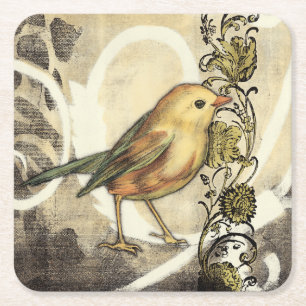 Dessous-de-verre Carré En Papier Oiseau jaune et vert sur l'arrière - plan vintage