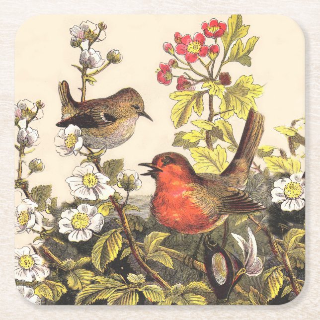 Dessous-de-verre Carré En Papier Oiseaux de printemps Robin Oiseaux rouges (Devant)