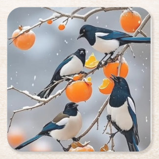 Dessous-de-verre Carré En Papier Oiseaux d'hiver et persimmons