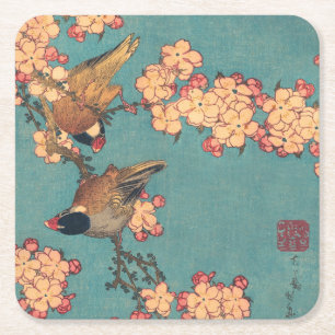 Dessous-de-verre Carré En Papier Oiseaux Fleurs Hokusai Art Japonais