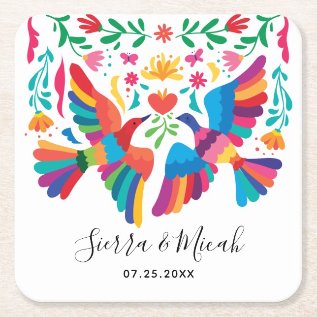 Dessous-de-verre Carré En Papier Oiseaux mexicains d'inspiration vive et fleurs (Devant)