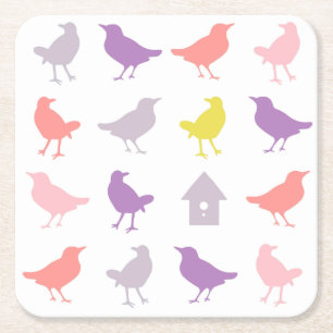 Dessous-de-verre Carré En Papier Oiseaux pastel rose et violet avec Birdhouse