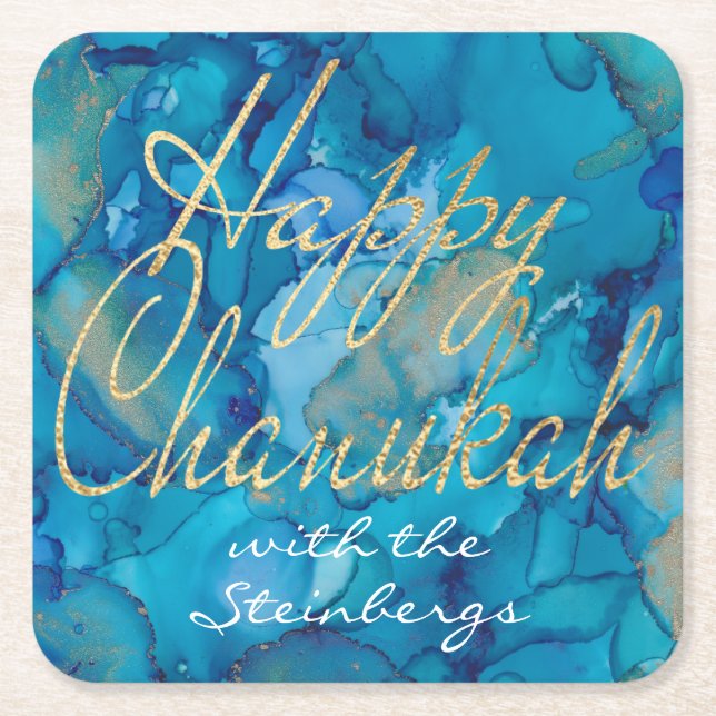 Dessous-de-verre Carré En Papier Or bleu de Chanukah (Devant)