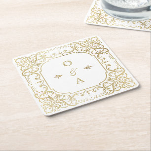 Dessous-de-verre Carré En Papier Or élégant orné vintage couple monogramme