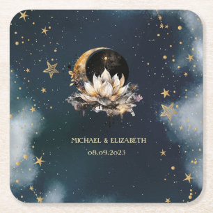 Dessous-de-verre Carré En Papier Or Soleil Céleste, Lune, Étoiles Lotus Ciel Noctur