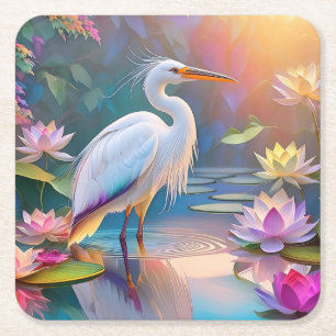 Dessous-de-verre Carré En Papier Orange Billed White Heron Imaginaire Bird