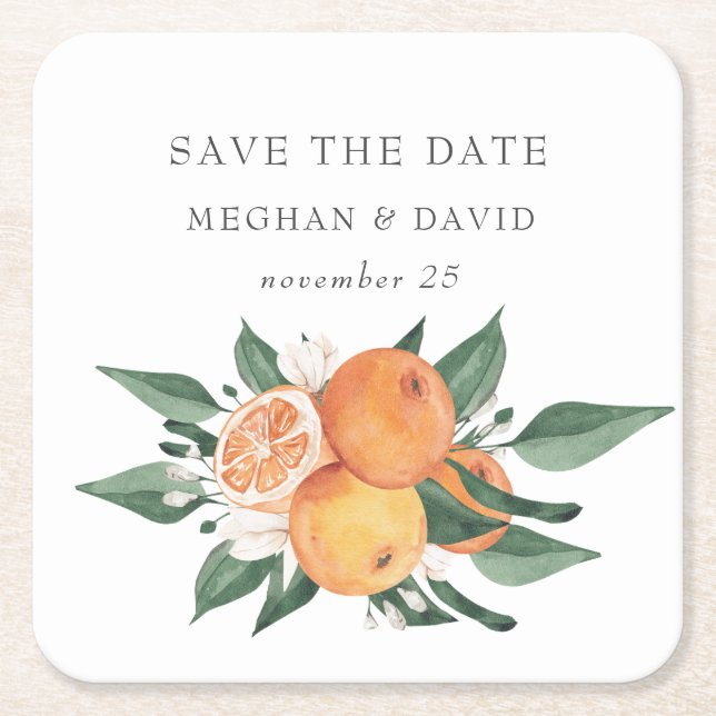Dessous-de-verre Carré En Papier Orange Blossoms Citrus Botanical Wedding  (Devant)