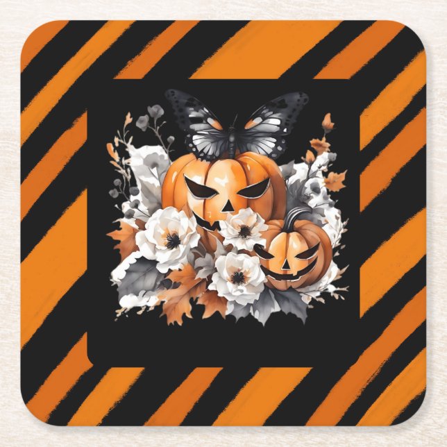 Dessous-de-verre Carré En Papier Orange Halloween Pumpkin Floral (Devant)
