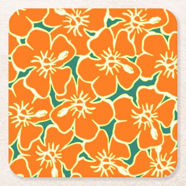 Dessous-de-verre Carré En Papier Orange Hibiscus Fleurs Tropical Hawaiian Luau (Devant)