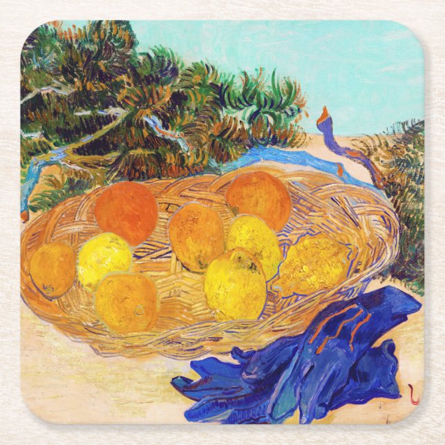 Dessous-de-verre Carré En Papier Oranges et citrons avec gants bleus, Van Gogh (Devant)