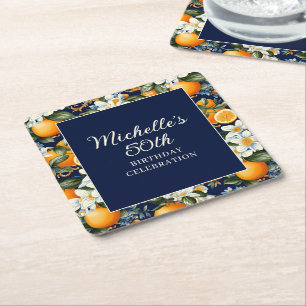 Dessous-de-verre Carré En Papier Oranges Fleurs Blanches Bleu Marine Anniversaire B